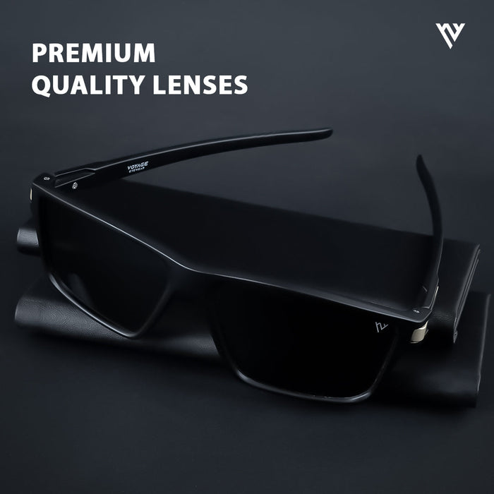 Voyage Exclusive Matt Black & Golden Polarized Rectangle Sunglasses for Men & Women - PMG3969