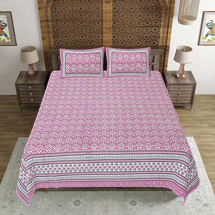 Jaipuri Print Cotton king 90 by 108 Floral Bedsheet with two big size pillow cover BS-3 Pink