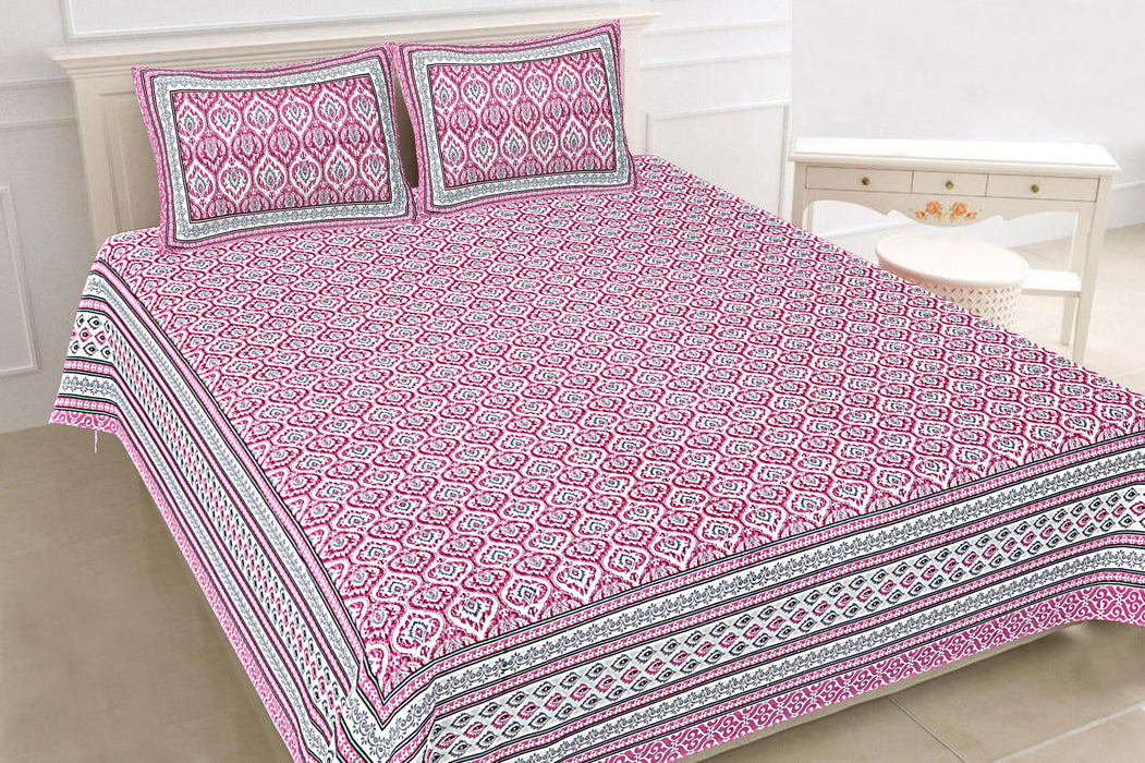 Jaipuri Print Cotton king 90 by 108 Floral Bedsheet with two big size pillow cover BS-3 Pink