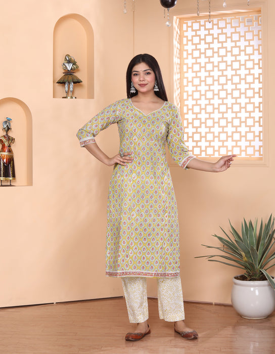 LIME COTTON HANDBLOCK 3 PIECE SUIT SET