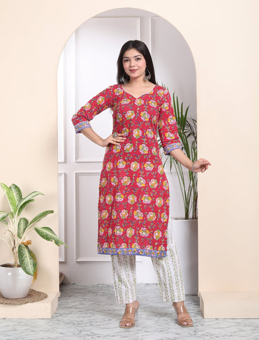 RED COTTON HANDBLOCK FLORAL 3 PIECE SUIT SET