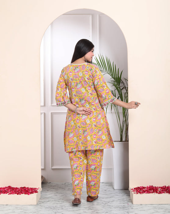 YELLOW COTTON HANDBLOCK 3 PIECE SUIT SET