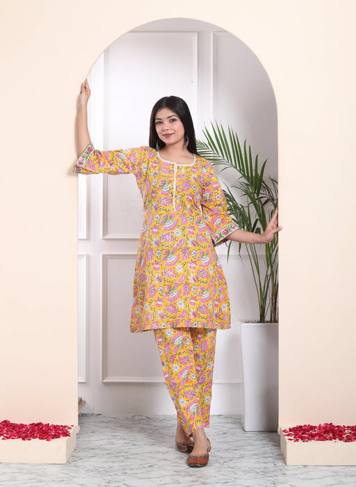 YELLOW COTTON HANDBLOCK 3 PIECE SUIT SET