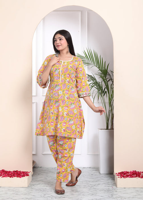 YELLOW COTTON HANDBLOCK 3 PIECE SUIT SET