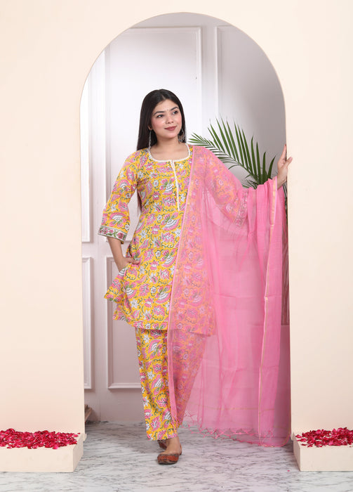 YELLOW COTTON HANDBLOCK 3 PIECE SUIT SET