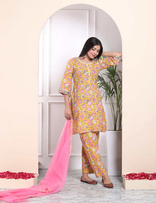 YELLOW COTTON HANDBLOCK 3 PIECE SUIT SET