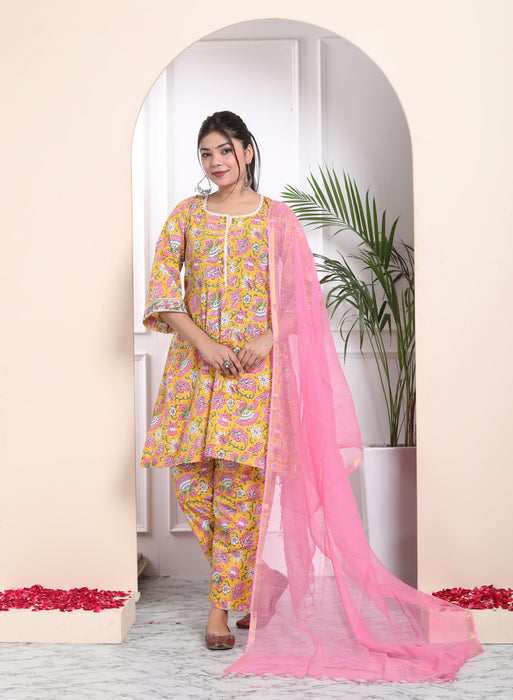 YELLOW COTTON HANDBLOCK 3 PIECE SUIT SET