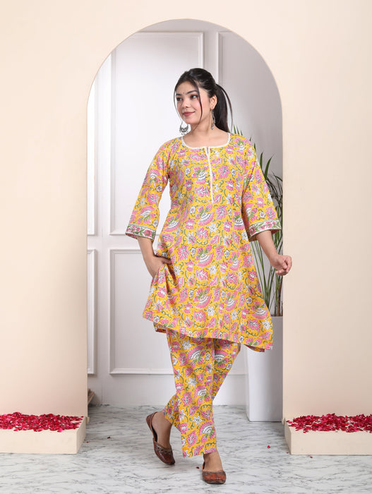 YELLOW COTTON HANDBLOCK 3 PIECE SUIT SET