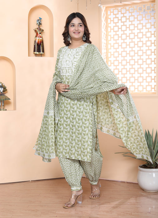 Salwar Suit with Dupatta in Cotton (Green)-KR-22