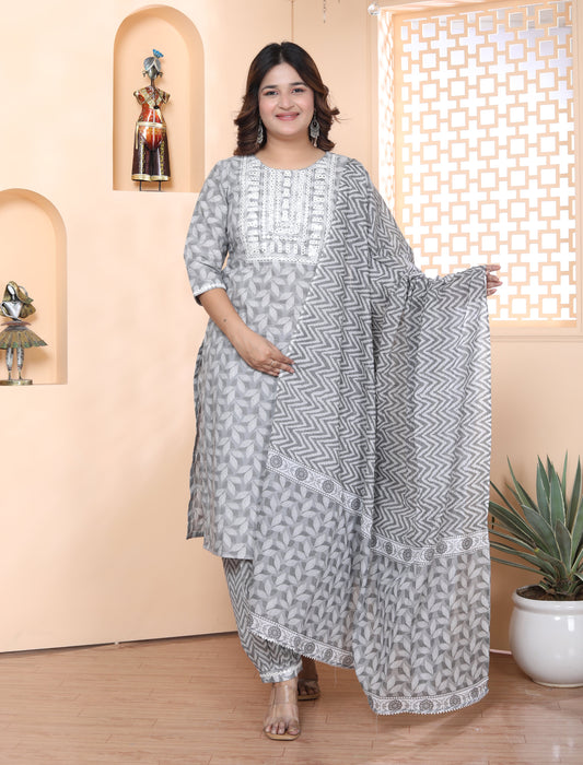 Salwar Suit with Dupatta in Cotton (Grey)-KR-23