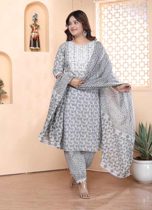 Salwar Suit with Dupatta in Cotton (Grey)-KR-23