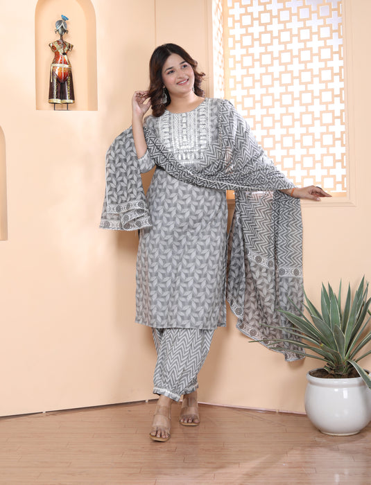 Salwar Suit with Dupatta in Cotton (Grey)-KR-23