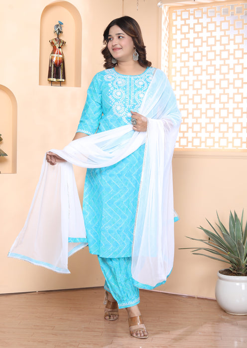 Salwar Suit with Dupatta in Cotton (Light Blue)-KR-24