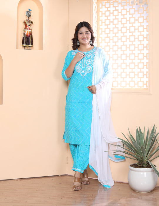 Salwar Suit with Dupatta in Cotton (Light Blue)-KR-24