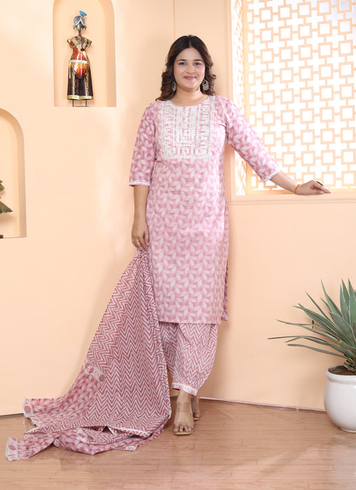 Salwar Suit with Dupatta in Cotton (Light Pink)-KR-26