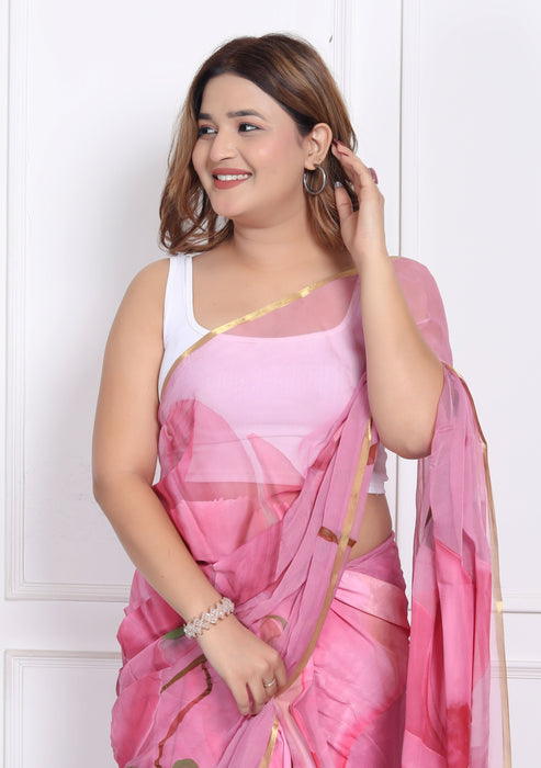 AAKRIT ROSE PINK FLORAL HANDPAINTED CHIFFON SAARE