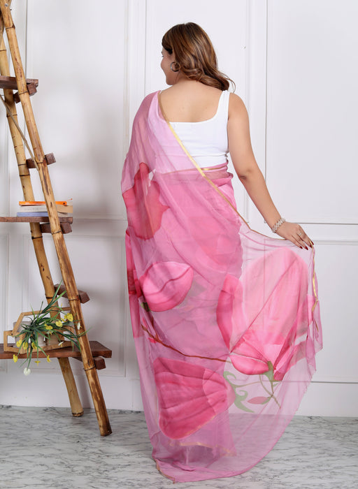 AAKRIT ROSE PINK FLORAL HANDPAINTED CHIFFON SAARE