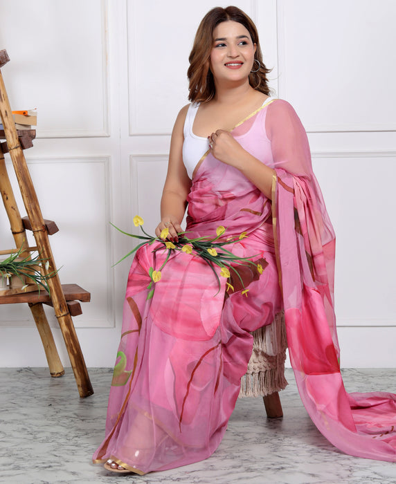 AAKRIT ROSE PINK FLORAL HANDPAINTED CHIFFON SAARE