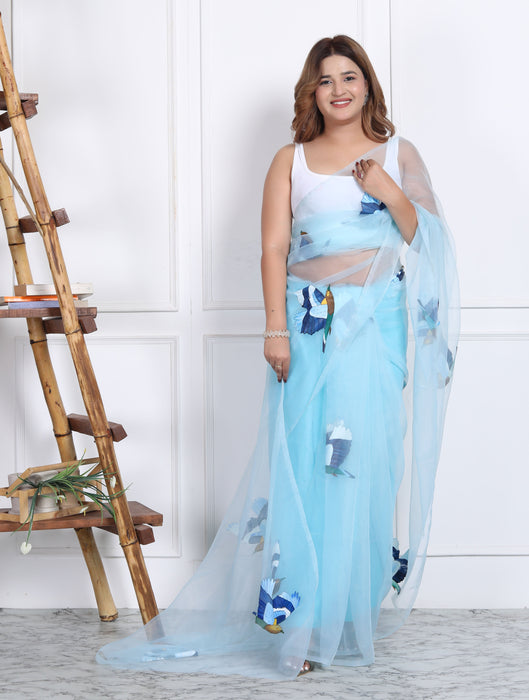 AAKRIT BLUE BIRD HANDPAINTED ORGANZA SAARE