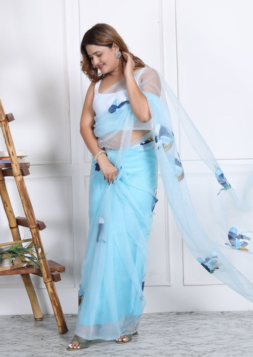 AAKRIT BLUE BIRD HANDPAINTED ORGANZA SAARE