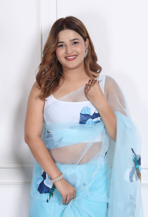 AAKRIT BLUE BIRD HANDPAINTED ORGANZA SAARE