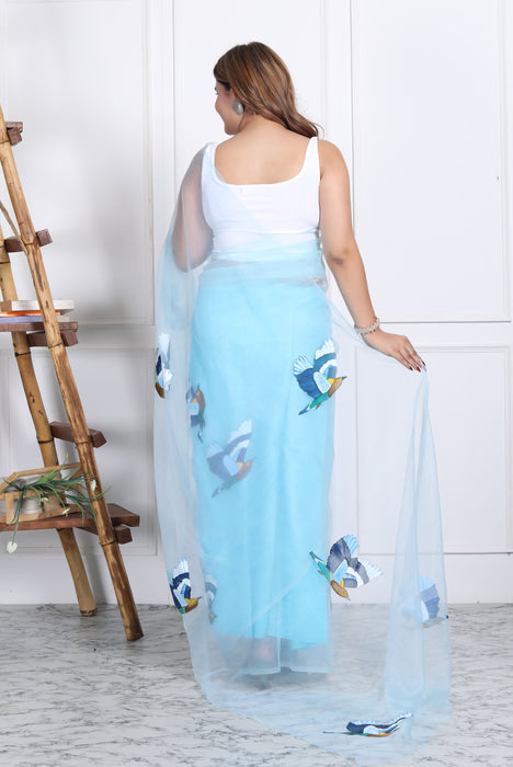 AAKRIT BLUE BIRD HANDPAINTED ORGANZA SAARE