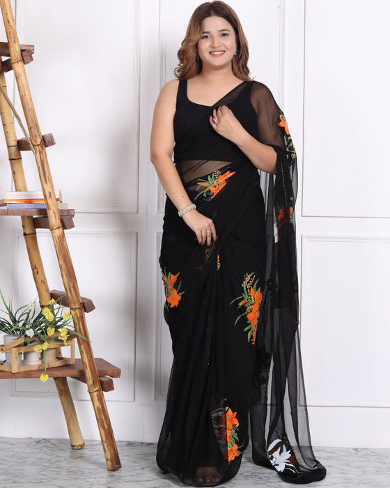 AAKRIT BLACK HANDPAINTED CHIFFON SAARE