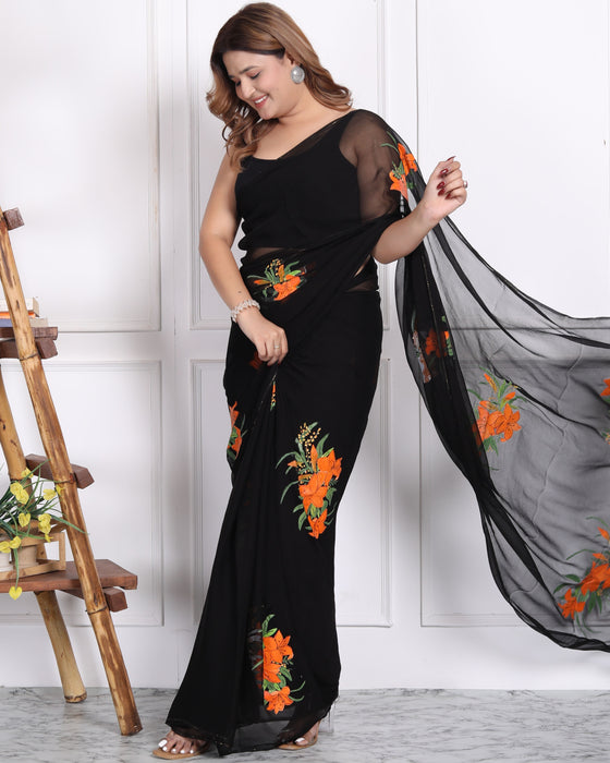 AAKRIT BLACK HANDPAINTED CHIFFON SAARE