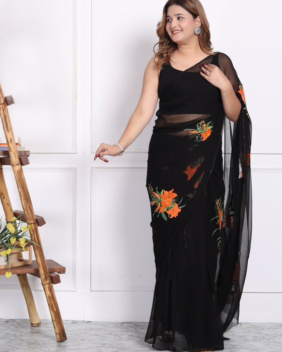 AAKRIT BLACK HANDPAINTED CHIFFON SAARE