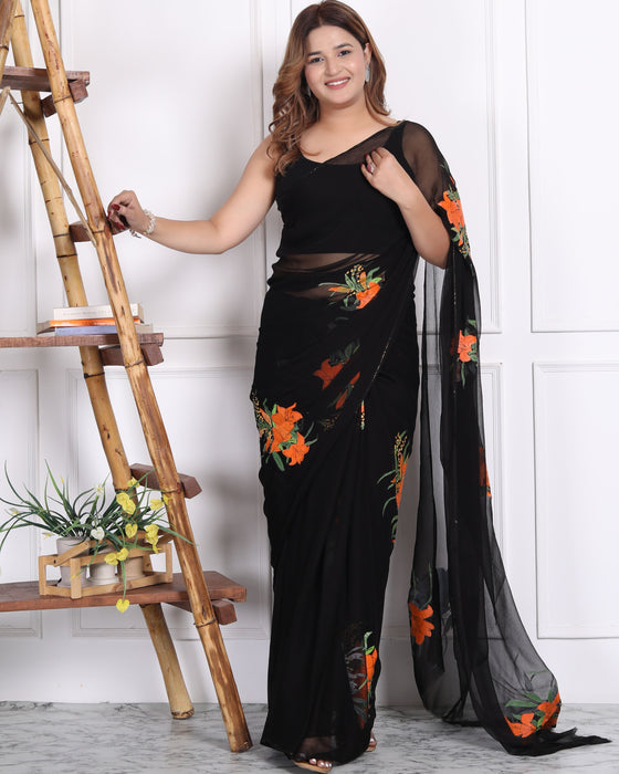 AAKRIT BLACK HANDPAINTED CHIFFON SAARE