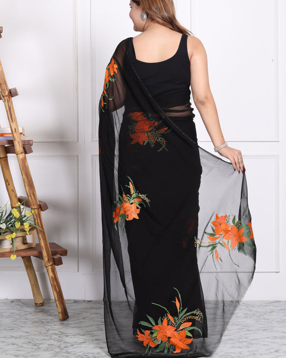 AAKRIT BLACK HANDPAINTED CHIFFON SAARE