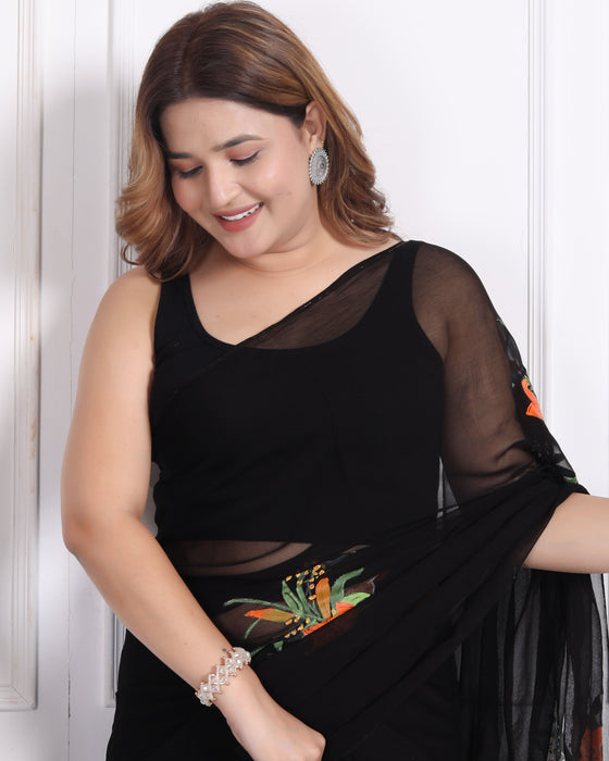 AAKRIT BLACK HANDPAINTED CHIFFON SAARE