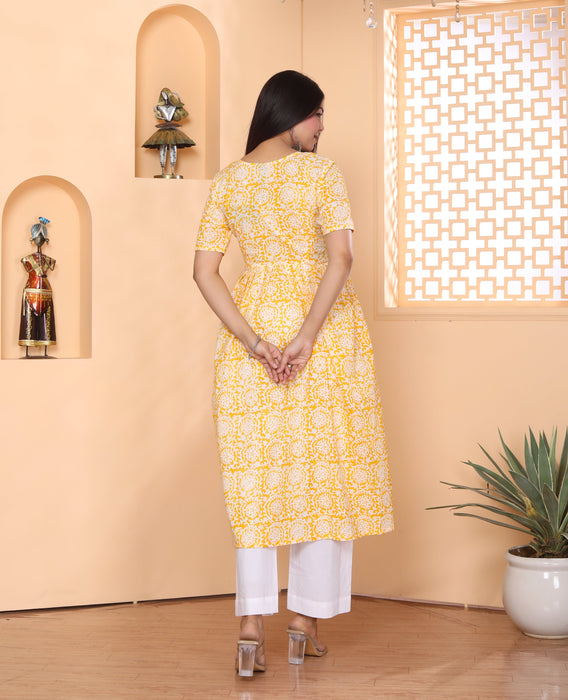 YELLOW AJRAKH PRINT ALIA CUT HANDBLOCK COTTON KURTI