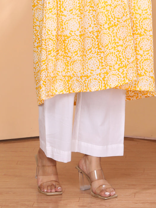 YELLOW AJRAKH PRINT ALIA CUT KURTI PANT DUPATTA SET