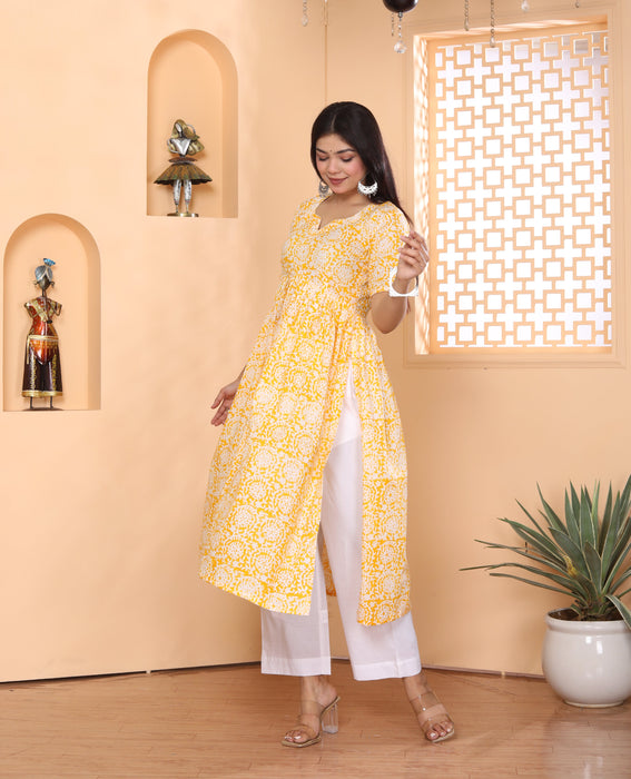 YELLOW AJRAKH PRINT ALIA CUT KURTI PANT DUPATTA SET