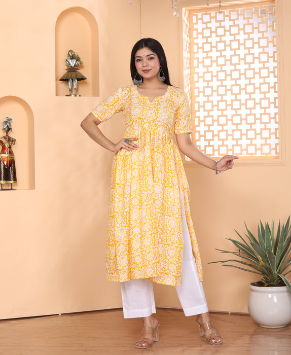 YELLOW AJRAKH PRINT ALIA CUT KURTI PANT DUPATTA SET