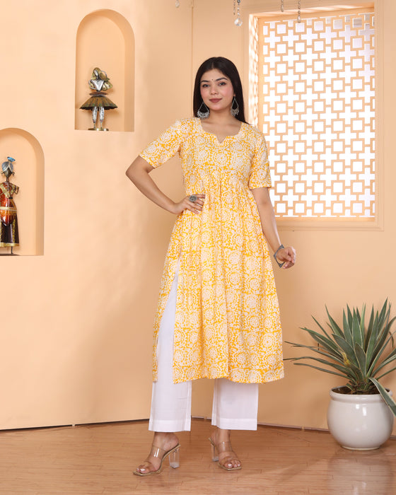 YELLOW AJRAKH PRINT ALIA CUT KURTI PANT DUPATTA SET