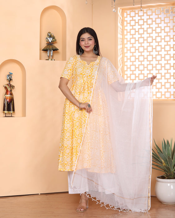 YELLOW AJRAKH PRINT ALIA CUT KURTI PANT DUPATTA SET