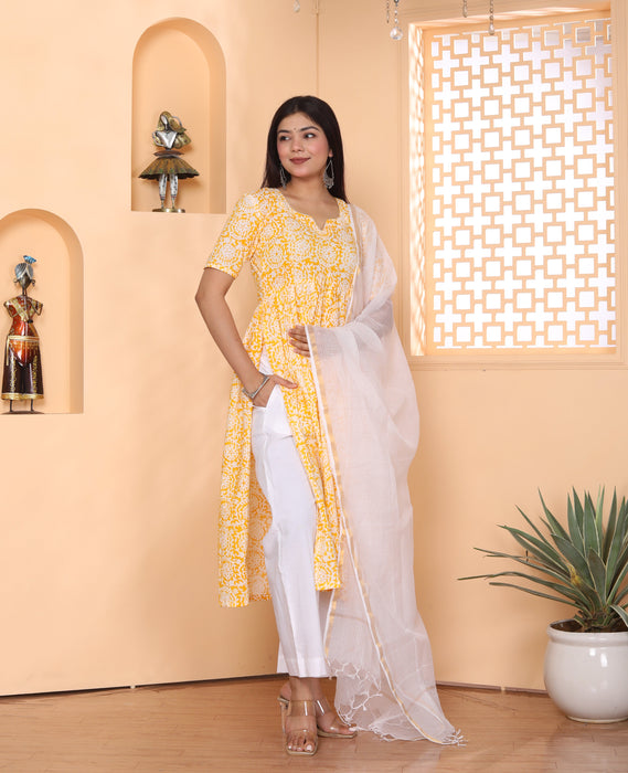 YELLOW AJRAKH PRINT ALIA CUT KURTI PANT DUPATTA SET