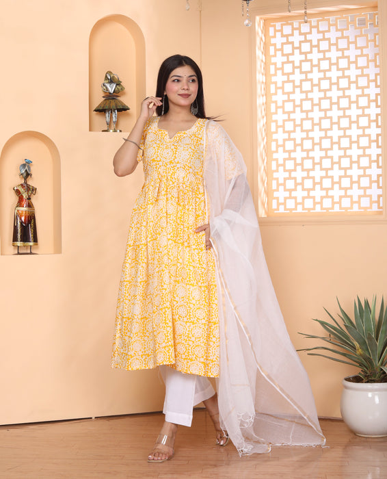 YELLOW AJRAKH PRINT ALIA CUT KURTI PANT DUPATTA SET