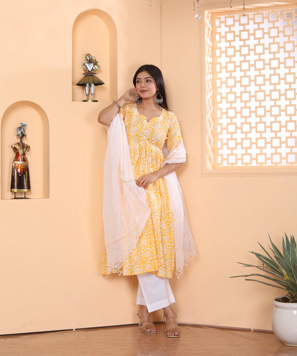 YELLOW AJRAKH PRINT ALIA CUT KURTI PANT DUPATTA SET