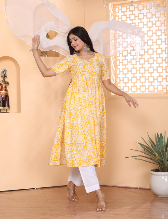 YELLOW AJRAKH PRINT ALIA CUT KURTI PANT DUPATTA SET