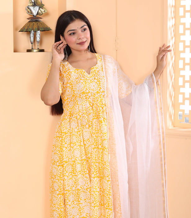 YELLOW AJRAKH PRINT ALIA CUT KURTI PANT DUPATTA SET