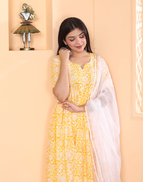 YELLOW AJRAKH PRINT ALIA CUT KURTI PANT DUPATTA SET