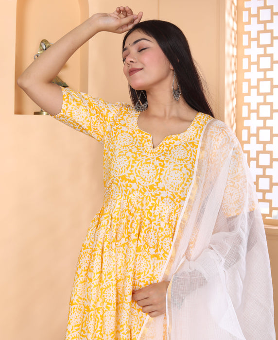 YELLOW AJRAKH PRINT ALIA CUT KURTI PANT DUPATTA SET