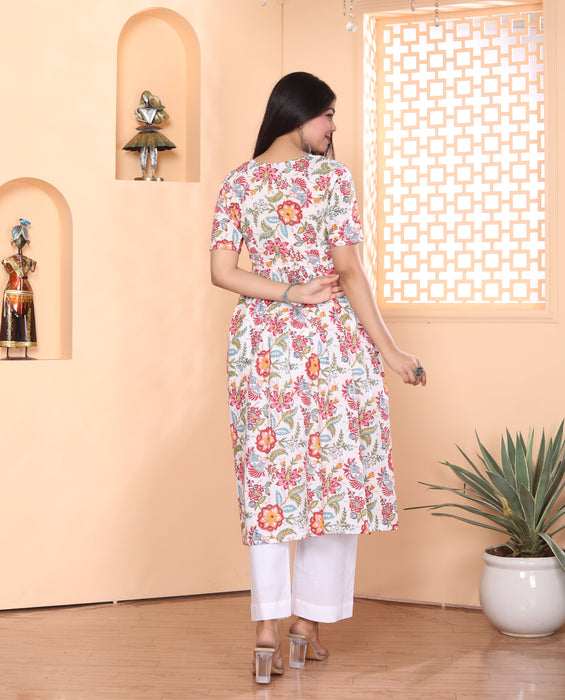 WHITE FLORAL ALIA CUT KURTI PANT SET WITH WHITE DORIA DUPATTA