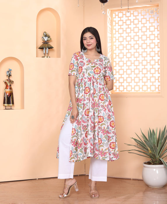 WHITE FLORAL PRINT ALIA CUT COTTON HANDBLOCK KURTI