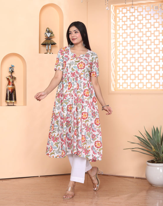 WHITE FLORAL ALIA CUT KURTI PANT SET WITH WHITE DORIA DUPATTA