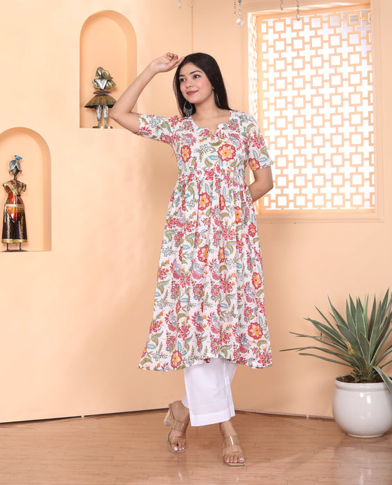 WHITE FLORAL PRINT ALIA CUT COTTON HANDBLOCK KURTI