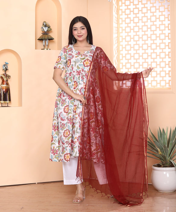 WHITE FLORAL ALIA CUT KURTI PANT SET WITH MAROON KOTA DORIA DUPATTA